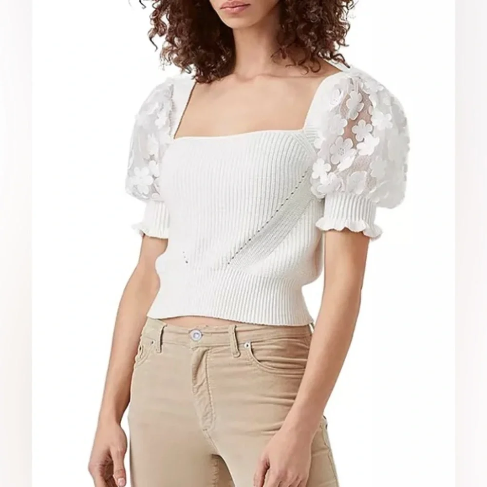 FRENCH CONNECTION Juliet Mozart Caballo Puff Sleeve Crop Sweater White Small - Picture 1 of 10